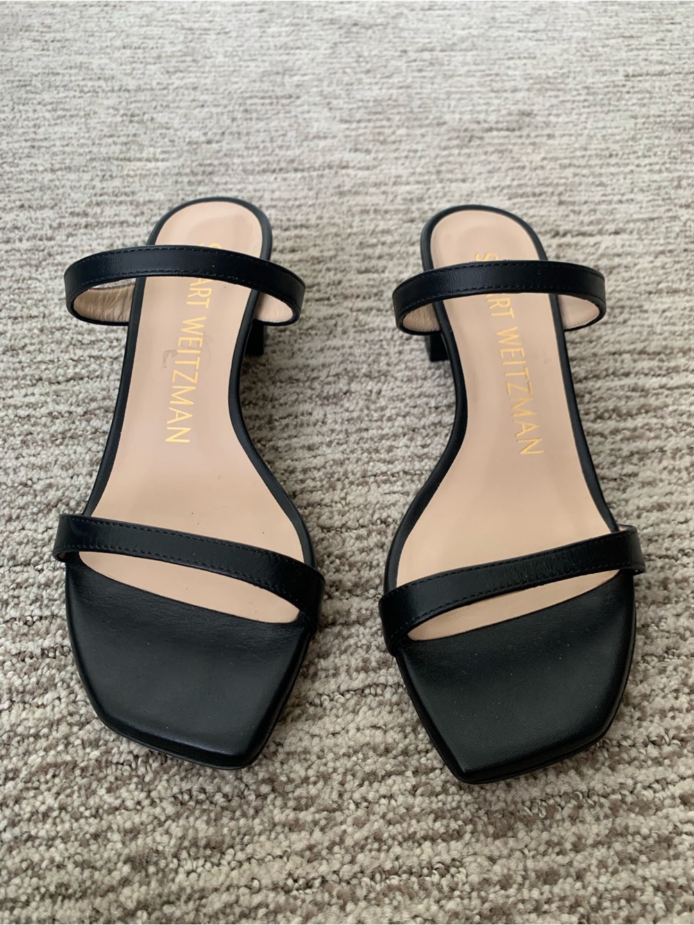 Stuart Weitzman Black Double-Strap Square-Toe Slide Sandals - Picture 1 of 4